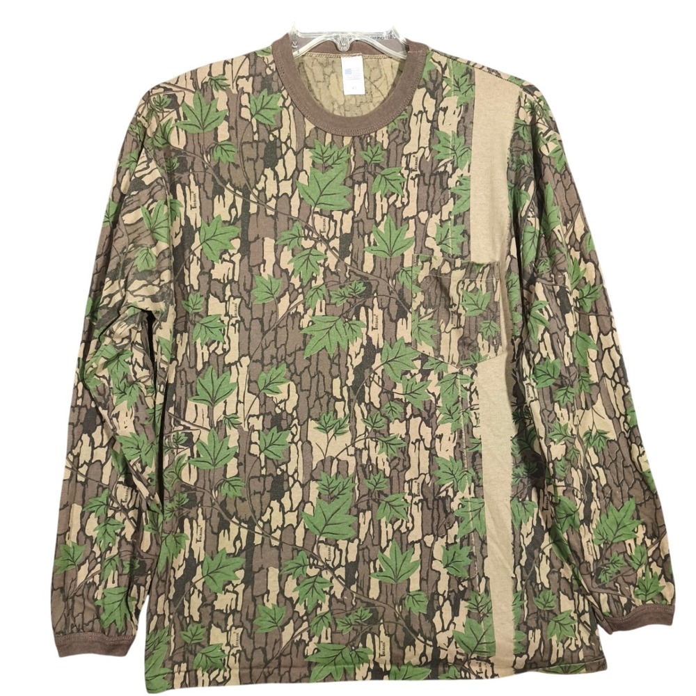 Vintage Camo Long Sleeve T-Shirt‎ Mens XL Green Leaf Tree Bark Made in USA